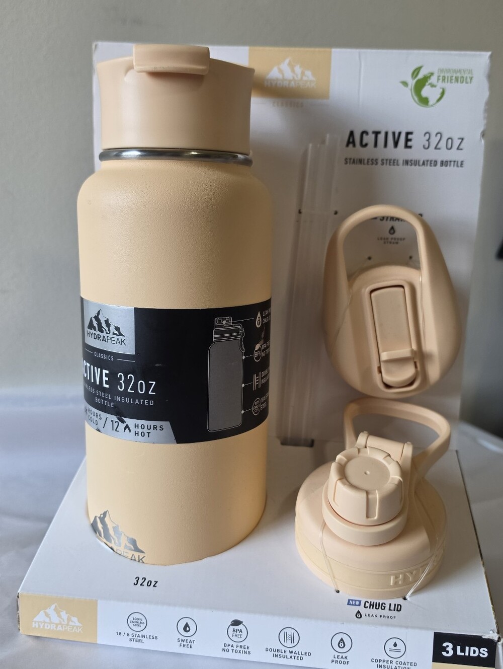 Hydrapeak Actice 32oz Stainless Steel Insulated Water Bottle 3 Lids 2 Straws NWT